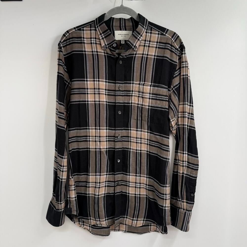 Public School Plaid Long Sleeve Button-Up Shirt Mens M Black Beige Collared Neck